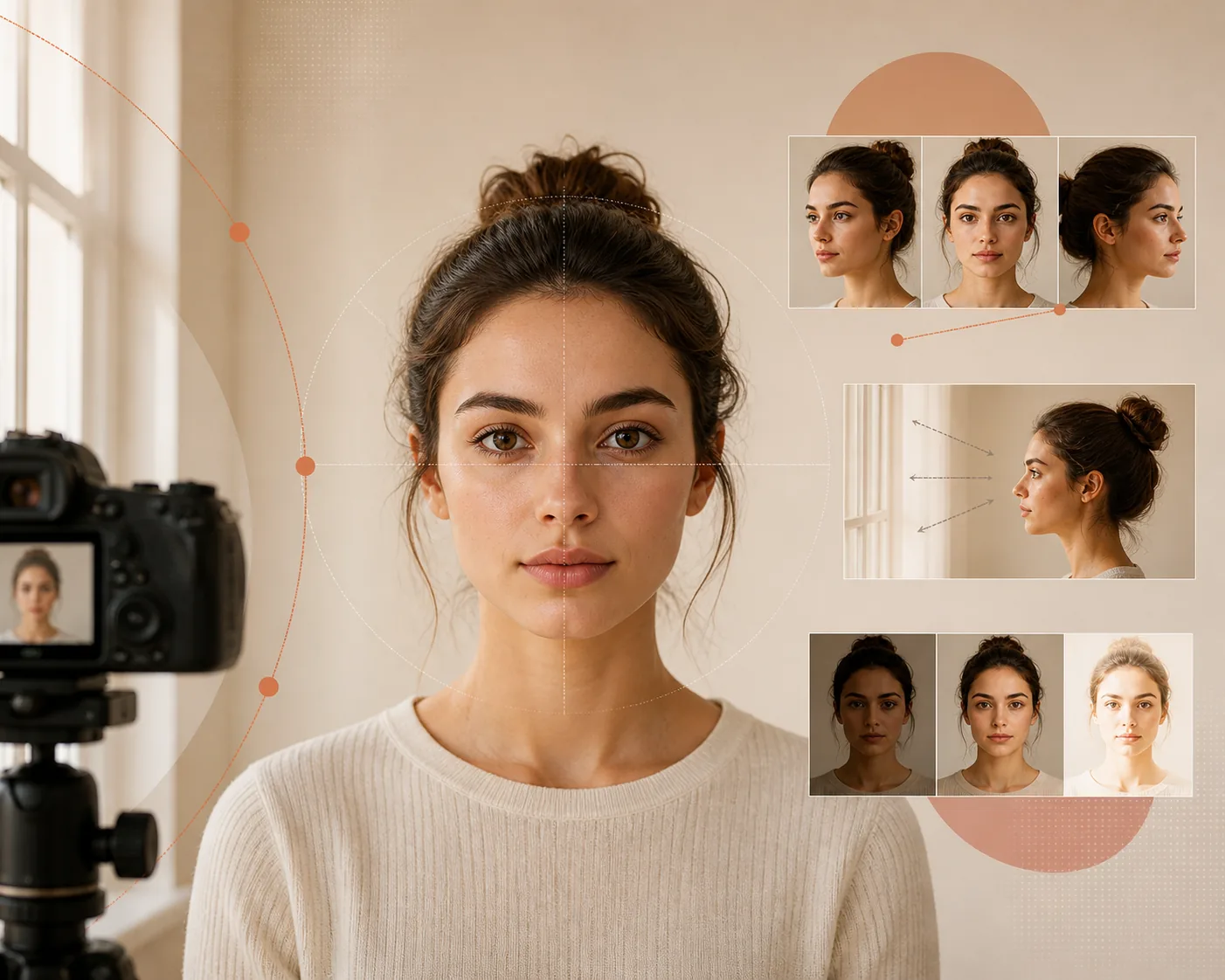 Installation de portrait de face montrant l'effet de la distance, de l'angle et d'une lumière douce sur l'analyse faciale