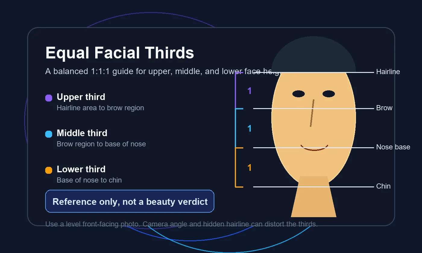 Diagram showing upper, middle, and lower facial thirds in a near-equal 1:1:1 vertical ratio