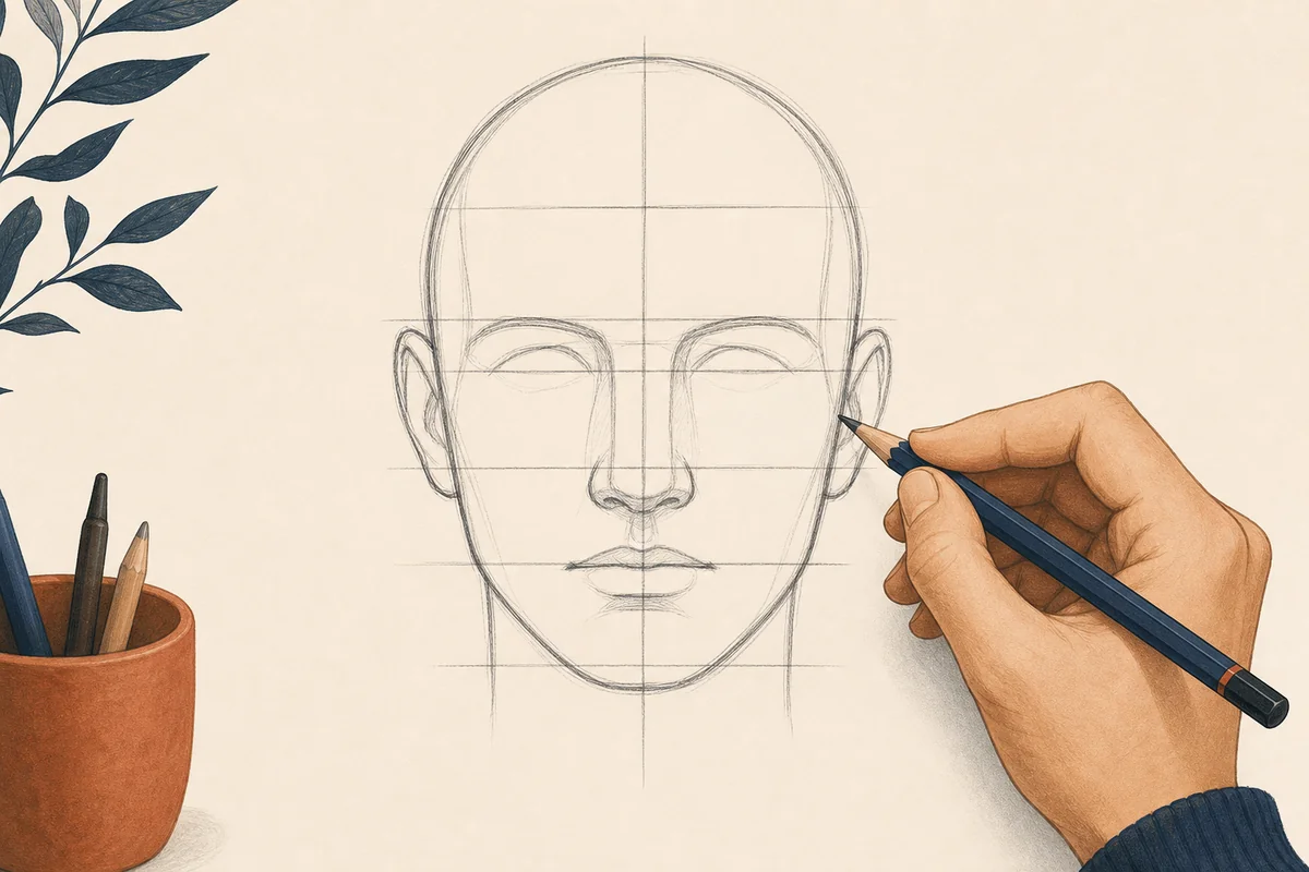 Artist constructing a front-facing head with pencil proportion lines