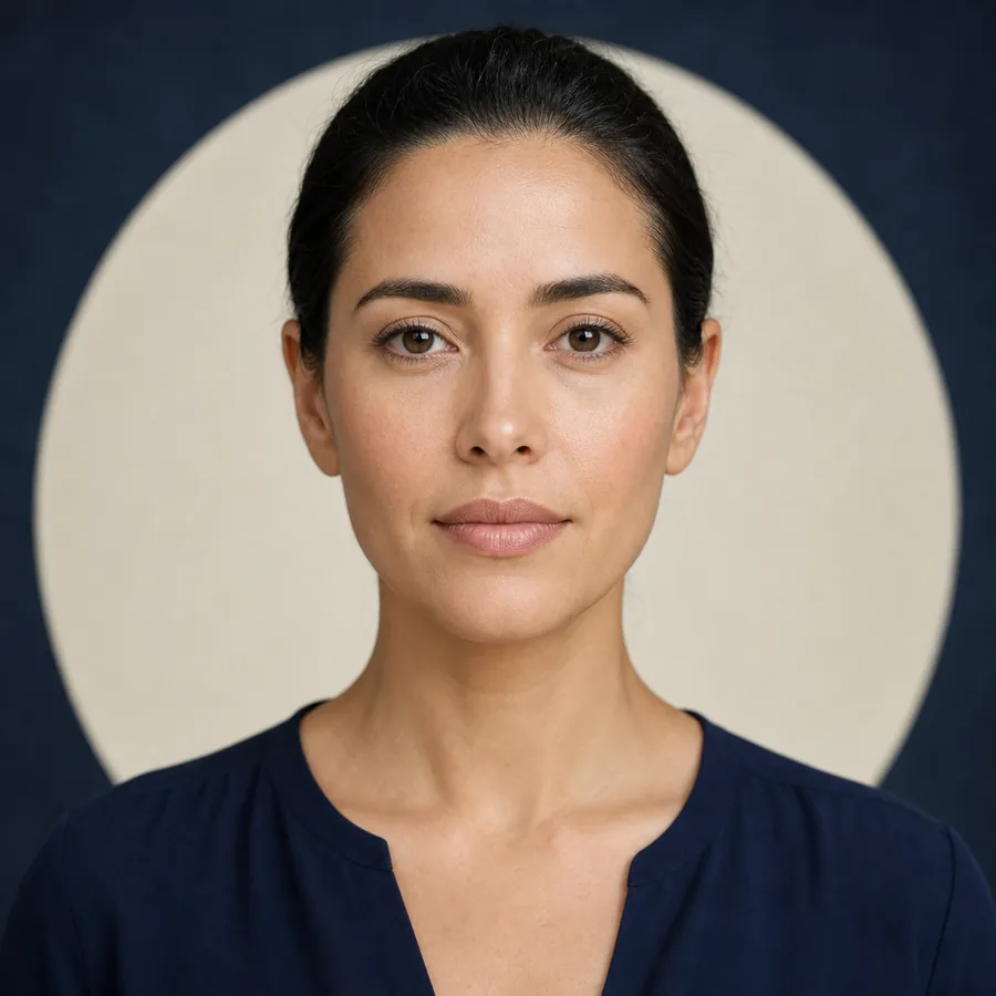 Retrato frontal usado como ilustração editorial para um guia sobre simetria facial