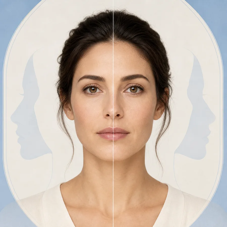Retrato frontal com uma linha central sutil para verificar a simetria facial