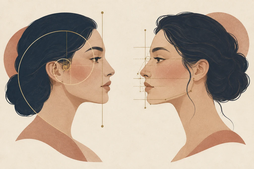 Dos ilustraciones de perfil que comparan una referencia áurea con relaciones faciales más amplias