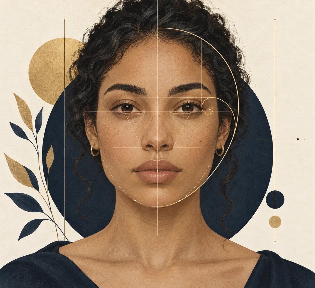 Retrato editorial con guías de proporción que ilustra la armonía facial y la proporción áurea