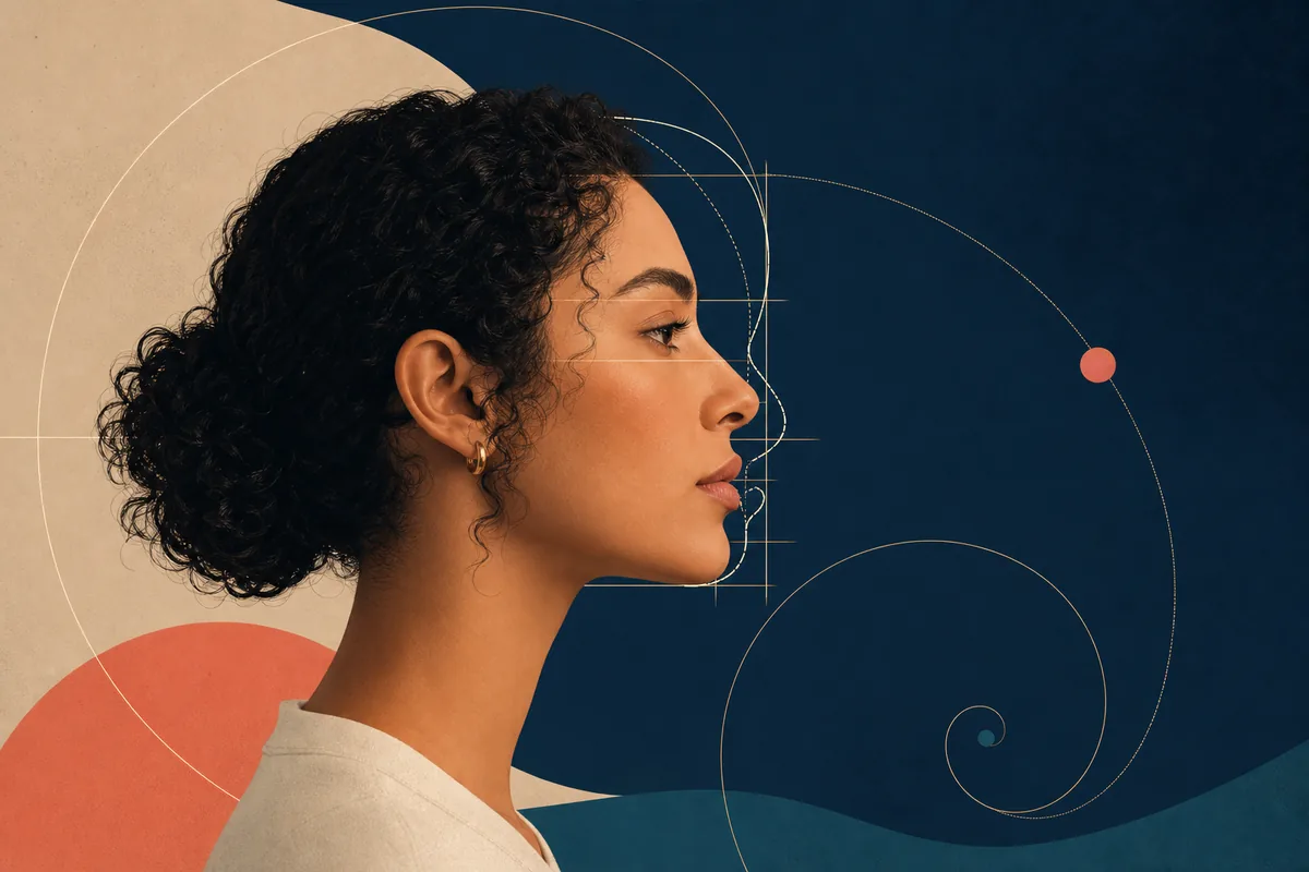 Editorial side profile with geometric facial proportion guides
