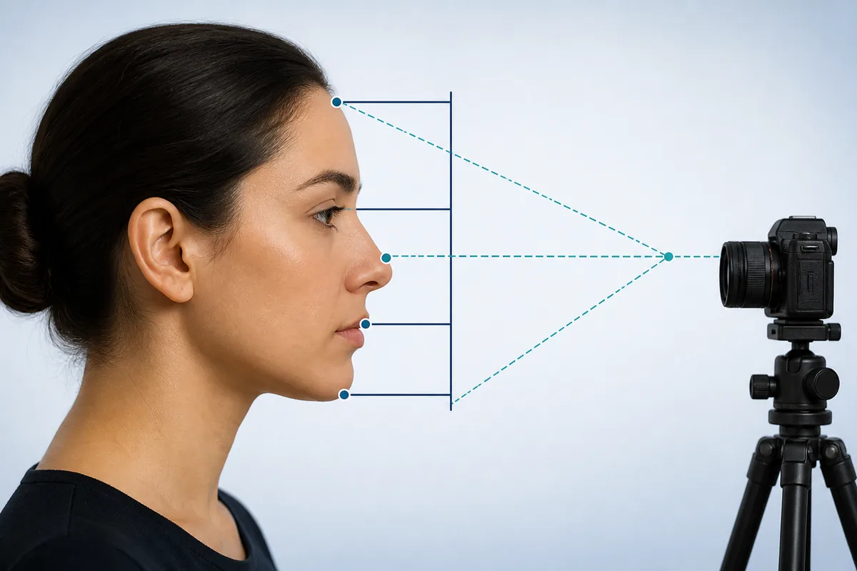 Side profile photo setup with facial landmark guides and camera at eye level
